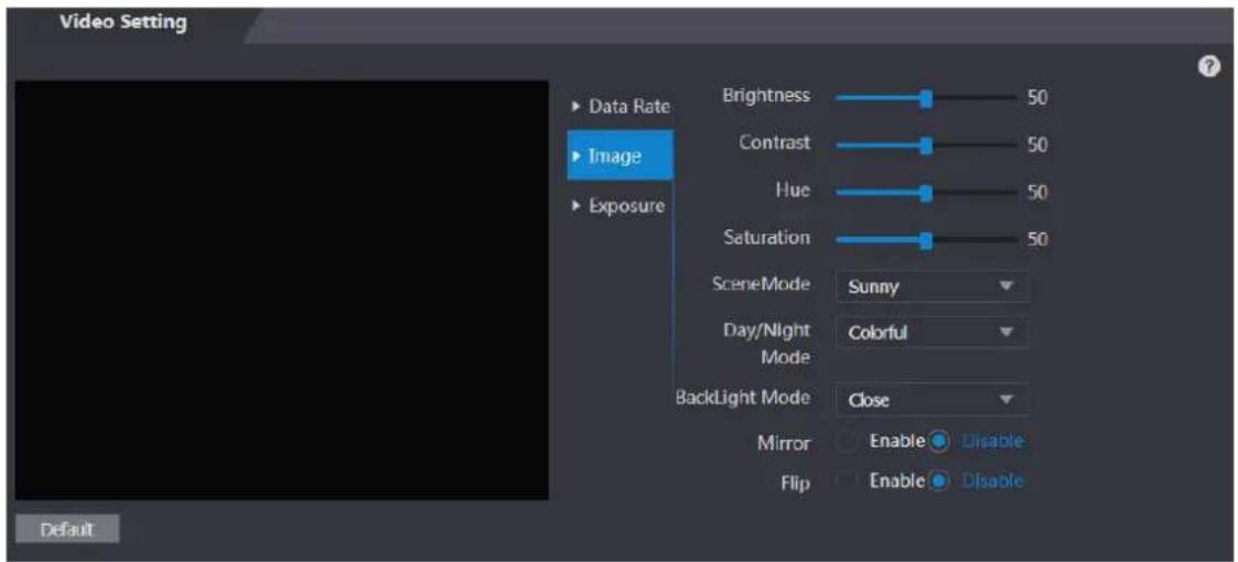 Video Setting Data Rate Image Exposure Brightness 50 Contrast 50 Hue 50 Saturation 50 Scene Mode Sunny Day/Night Colorful Mode BackLight Mode Close Mirror Enable Disable Flip Enable Disable Default