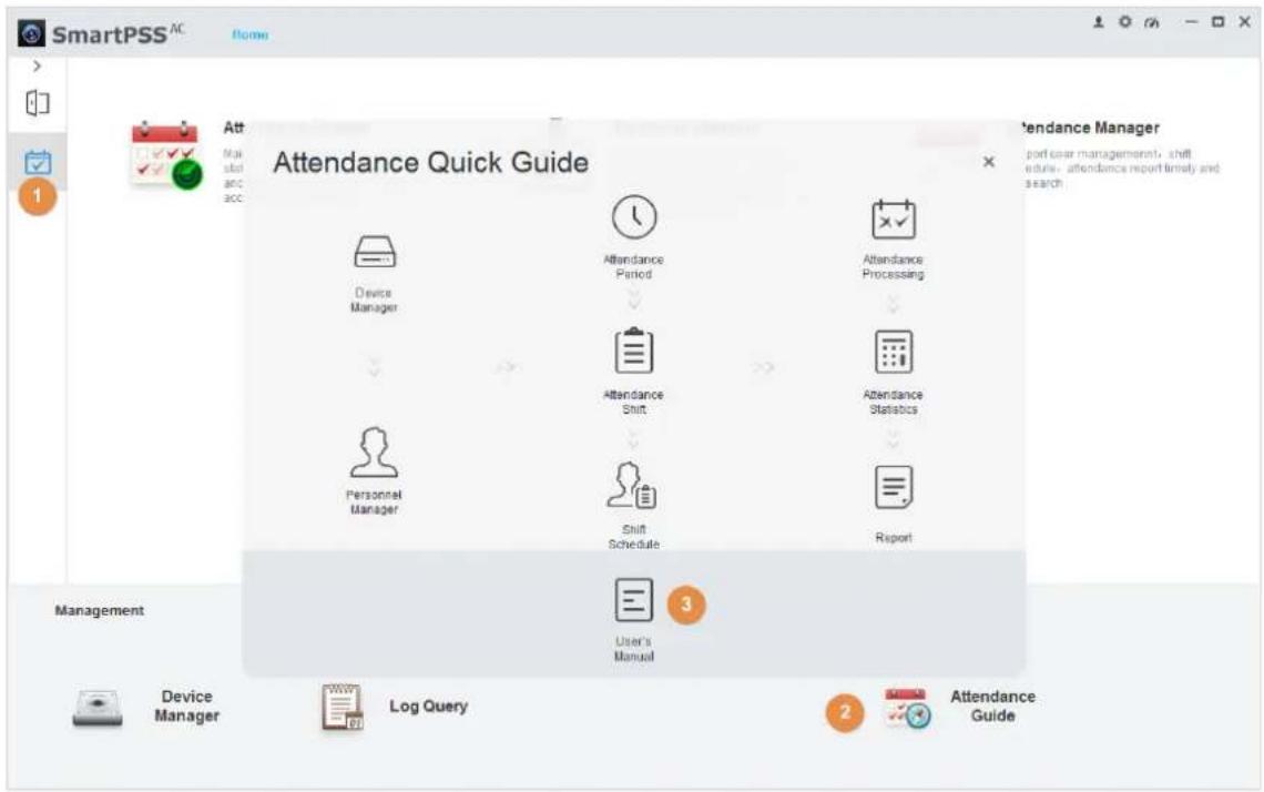 SmartPSS AC Att Main and acc Attendance Quick Guide Attendance Manager port user management, shift euro, attendance report timely and search Device Manager Attendance Period Attendance Processing Attendance Shift Attendance Statistics Personnel Manager Shift Schedule Report 3 User's Manual Management Device Manager Log Query 2 Attendance Guide
