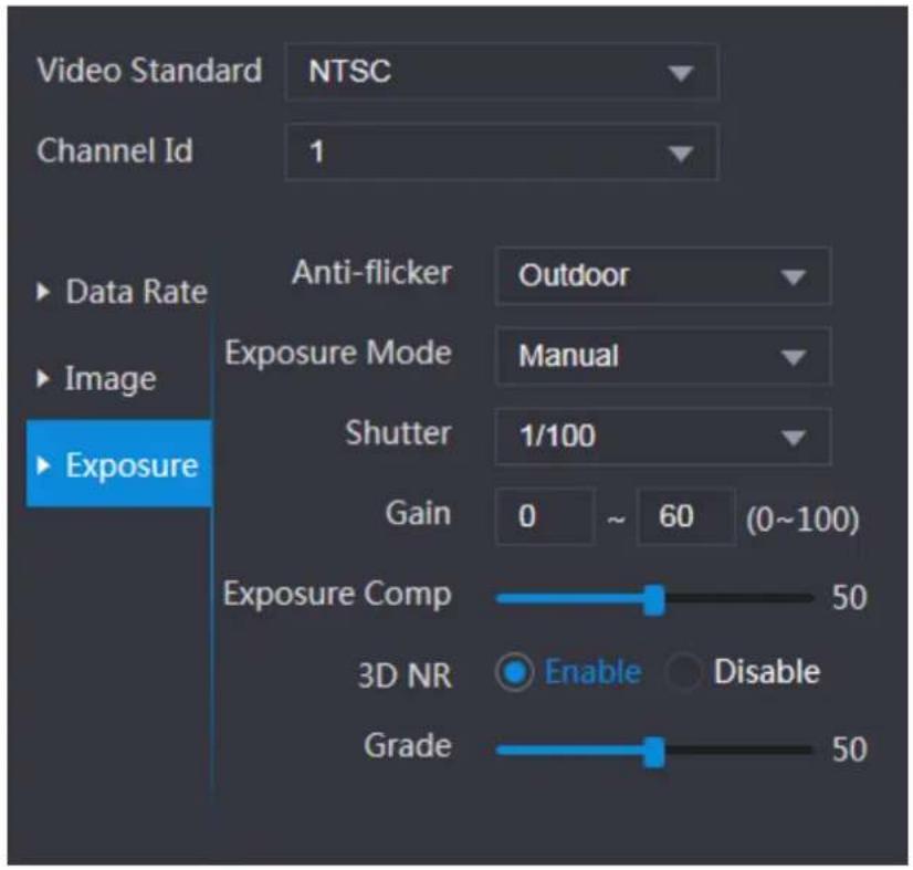 Video Standard NTSC Channel Id 1 ► Data Rate ► Image ► Exposure Anti-flicker Outdoor Exposure Mode Manual Shutter 1/100 Gain 0 ~ 60 (0~100) Exposure Comp 50 3D NR Enable Disable Grade 50