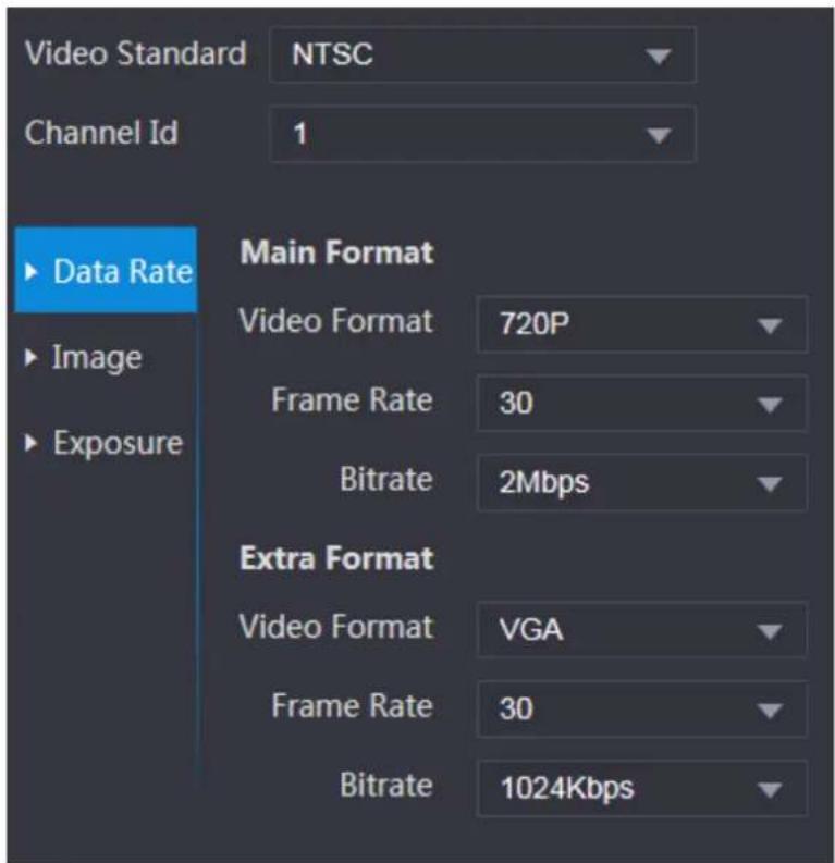 Video Standard NTSC Channel Id 1 ► Data Rate ► Image ► Exposure Main Format Video Format 720P Frame Rate 30 Bitrate 2Mbps Extra Format Video Format VGA Frame Rate 30 Bitrate 1024Kbps