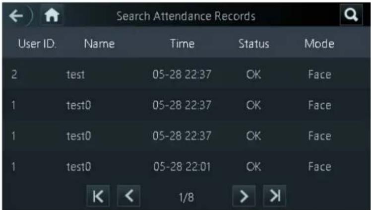 Search Attendance Records User ID. Name Time Status Mode 2 test 05-28 22:37 OK Face 1 test0 05-28 22:37 OK Face 1 test0 05-28 22:37 OK Face 1 test0 05-28 22:01 OK Face K < 1/8 > >