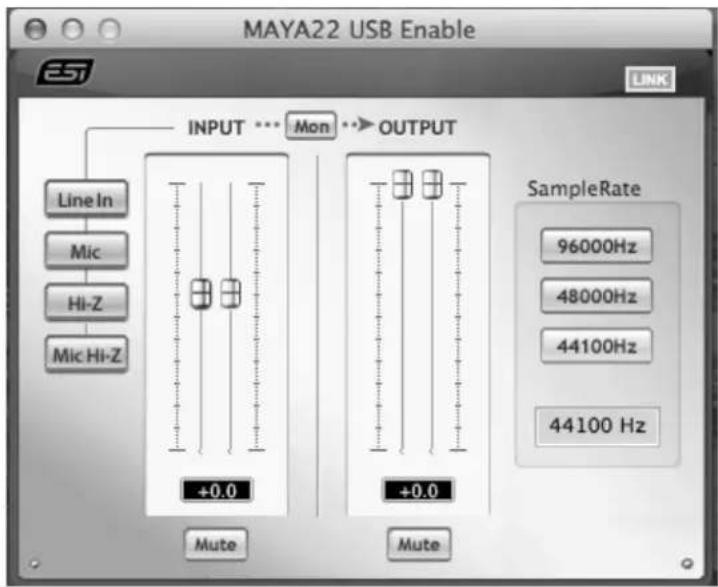 MAYA22 USB Enable INPUT ... Mon → OUTPUT Line In Mic Hi-Z Mic Hi-Z +0.0 Mute Mute SampleRate 96000Hz 48000Hz 44100Hz 44100 Hz