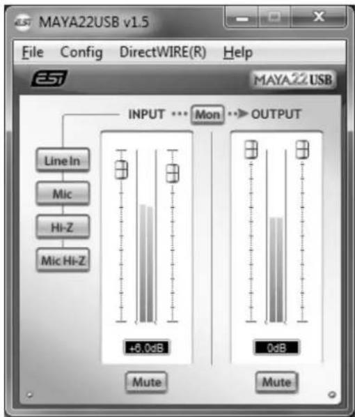 MAYA22USB v1.5 File Config DirectWIRE(R) Help MAYA22USB INPUT ... Mon -> OUTPUT Line In Mic Hi-Z Mic Hi-Z +6.0dB 0dB Mute Mute