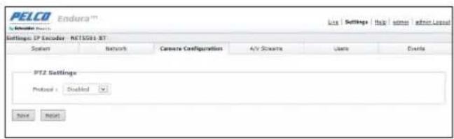 PELCO Endura Settings: IP Encoder - NETSSS1.8T System Network Camera Configuration A/Y Stamps Users Events PTZ Settings Protocol : Single Save Reset