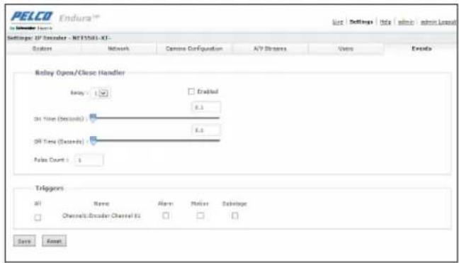 PELCO Endura™ Settings: IP Inverter - MT35MEL-KT- System Network Camera Configuration A/V Streams Users Execute Relay Open/Close Handler Ono: 10 Enabled On Time (Seconds): 8.5 Off Time (Seconds): 8.5 Poles Count: 1 Triggers All Name Name Refiner Schedule Channels: Emitter Channel Kit Save Reset