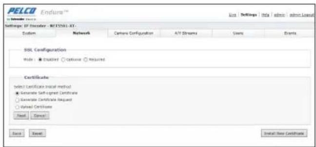 PELCO Endura™ Settings: DB Intran - RDTSN01-XT... System Network Camera Configuration AIV Streams Users Events SSL Configuration Mode: ▼ Disabled ○ Camera ○ Required Certificates select Certificate Instal method ○ Generate Select-Target Certificate ○ Increase Certificate Request ○ Utilized Certificate Send Cancel Save Reset Install User Certificate