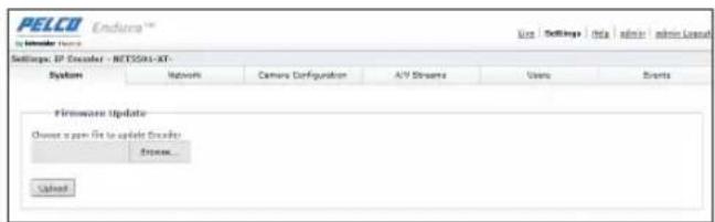 PELCO Endura™ Is Indicator Status Settings: IP Escalad - NETOSGA-RT- System Networks Camera Configuration A/Y Streams Users Events Fireworks Update Choose a port file to update Escalad: Stream... Sendout