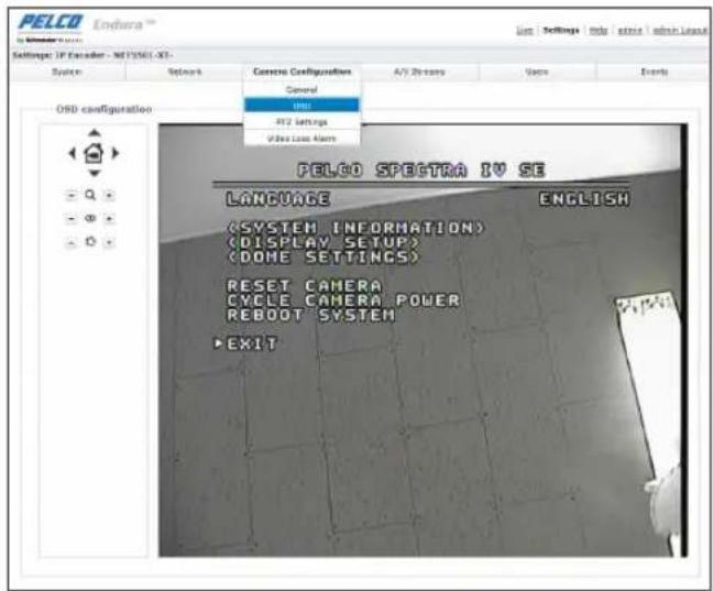PELCO Endura™ Settings: IP Encoder - NETSME1-XT System Network Camera Configurations A/Y Streamy Units Events General Unit AT2 Settings Photo Loss Alert ORD configuration PELCO SPECTRA IV SE LANGUAGE ENGLISH RESET CAMERA CYCLE CAMERA POWER REBOOT SYSTEM EXIT