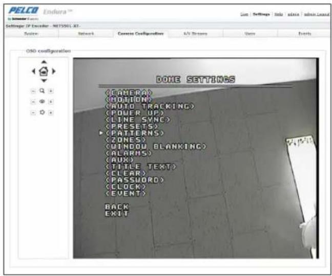 PELCO Endura™ Settings 2P Encoder - NETS501.XCT System Network Camera Configurations AV Stream Use Events OSO configuration DOLE SETTINGS (CAMERA) (HOTION) (WUTO TRACKING) (POWER UP) (LINE SYNC) (PRESETS) (PATTERNS) (ZONES) (WINDOW BLANKING) (ALARMS) (AUX) (TITLE TEXT) (CLEAR) (PASSWORD) (CLOCK) (EVENT) BACK EXIT