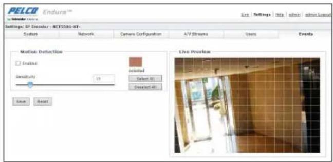 PELCO Endura™ Settings: IP Escalator - NETOS04-XT- System Network Camera Configuration AVI Streams Users Events Motion Detection Enabled Selectivity 19 Selected Select All Selected All Live Preview Save Reset