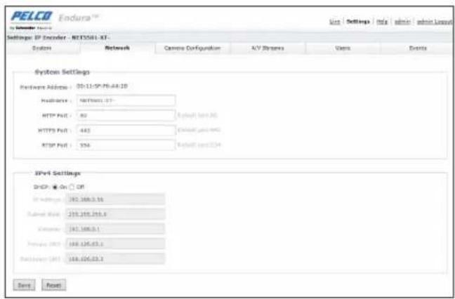PELCO Endura™ Settings: IP Encoder - NET3501-XT- System Networks Centro Configuration A/V Streamers Users Events System Settings Hardware Address: 05-11-SP-76-44-10 Subnets: NET3501.27 HTTP Port: 80 Default port: 90 HTTPS Port: 443 Default port: 940 HTTP Port: 554 Default port: 934 IPv4 Settings DHCP: On □ Off IP Address: 182.168.3.16 Subnet mask: 219.168.246.3 External: 181.168.3.1 Primary URL: 168.126.03.3 Router URL: 168.206.03.3 Save Reset