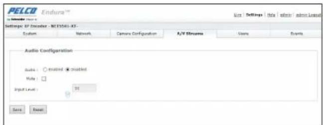 PELCO Endura™ Settings: UP Strainer - NCT3501-XT- System Network Camera Configuration A/V Binuses Users Events Audio Configuration Audio: ○ trained ● trained Note: □ Input Level: 30 Save Enable