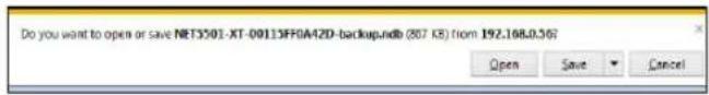 Do you want to open or save NET3501-XT-00113FF0A42D-backup.ndb (807 KB) from 192.168.0.36J Open Save Cancel