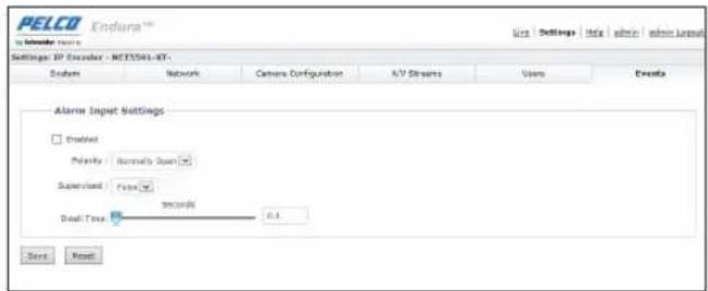 PELCO Endura™ Is Indicate Users Settings: IP Encoder - REC5501-NT. System Network Camera Configuration A/V Streams Users Events Alarm Input Settings Enabled Priority: Normally Down Supervised: False Real Time: 0.1 Start Reset