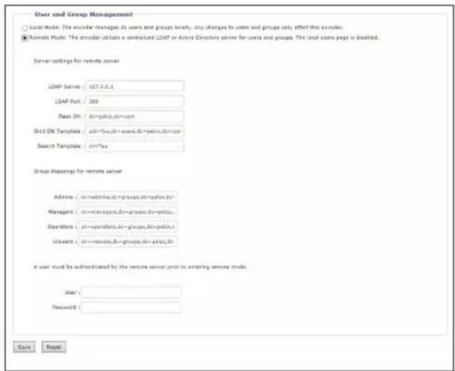 User and Group Management Local Model: The audio managed db users and groups locally. Any changes to users and groups only affect this encoder; Remote Audio: The audio utility is connected LDAP or Active Directory server for users and groups. The local users page is installed. Server settings for remote server LDAP Server: 127.3.0.1 LDAP Port: 356 Search Dn: d=polio.db=com Std On Template: std=the.db=pouw.db=polio.db=com Search Template: size=4x Group Mapsgms for remote server Advisor: cn=adline.db=pouw.db=pulio.db= Managers: cn=manager.db=group.db=pulio.db= Operators: cn=operations.db=groups.db=pulio.db= Userware: cn=news.db=groups.db=pulio.db= A user must be authenticated by the remote server prior to entering remote mode. User: Password: