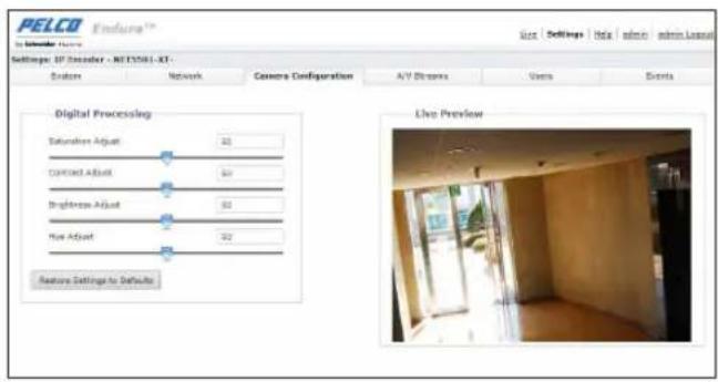 PELCO Endura™ Settings: IP Decoder - MT2501-RT- Endors Network Camera Configuration A/C Streams Users Events Digital Processing Saturation Adjust 32 Contact Adjust 32 Brightness Adjust 32 New Adjust 32 Restore Settings to Defaults Live Preview