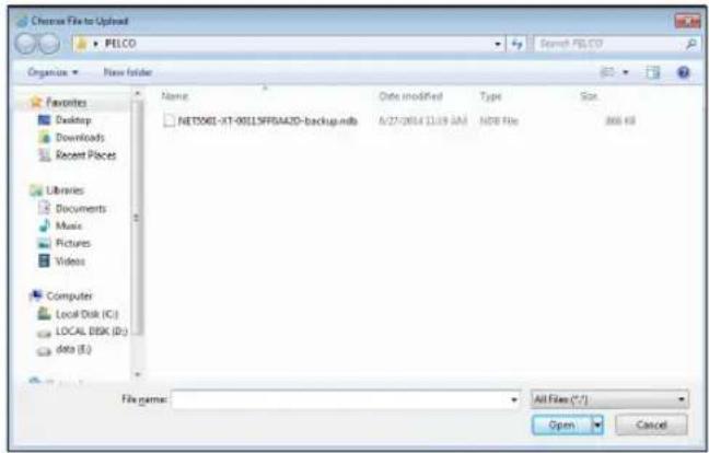 Chromax Files to Upload PELCO Organizer Name folder Favorites Desktop Downloads Recent Places Libraries Documents Music Pictures Videos Computer Local Disk (C:) LOCAL DISK (D:) data (E:) Name Date modified Type Size NET001-XT-0015SFF0A2D-backup.ndb 6/27/2014 (1:19:13A) NDB Files 888 KB File name: All Files (*.*) Open Cancel