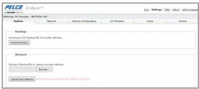 PELCO Endura™ Settings: EP Encoder - NET3581-XT. System Network Camera Configuration AIV Streams Users Events Backup Extracted a full enclear file of encoder settings Download Now Restore Choose a Backup file to restore encoder settings: Remove... Upload and Restore WRITE Monitoring will choose the connection to PELCO!
