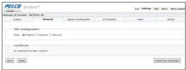 PELCO Endura™ Settings: IPv6 Emitter - NET5501-XY System Network Camera Configuration A/V Streams Users Drops SQL Configuration Mode: * Disabled ○ Optional ○ Required Certificate In certificate has been installed Send Reset Install New Certificate