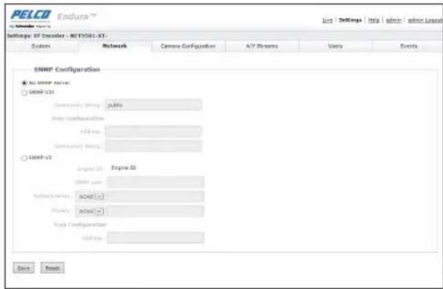 PELCO Endura™ Settings: IP Transfer - NET2081-XT- Systems Networks Camera Configuration A7 Features Users Events SNMP Configuration ● To SNMP Server ○ SNMP-US Commanding String: jMax Prop Configuration ADD pin: Configing String: ○ SNMP-VS Engine ID Engine ID USB1 User Subtransmission: AC66E-CC Private: AC66E-CC Play Configuration Address: Save Cancel