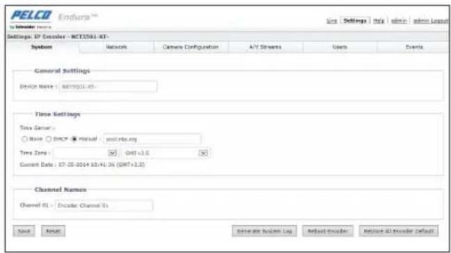 PELCO Endura™ Settings: SP Encoder - NCT3501-XT- System Networks Camera Configuration AV Streams Open Events General Settings D:\DOC Name : NCT3501-XT- Time Settings Time Name : Base D:\DOC Manual : post.mdb.org Time Zone : GHT+3.6 Current Date : 07-08-2014 10:41:26 (GHT+3.6) Channel Names Channel R1 : Enclear Channel R1 Send Reset Generate Event Log Reset error Replace All Encoder Default