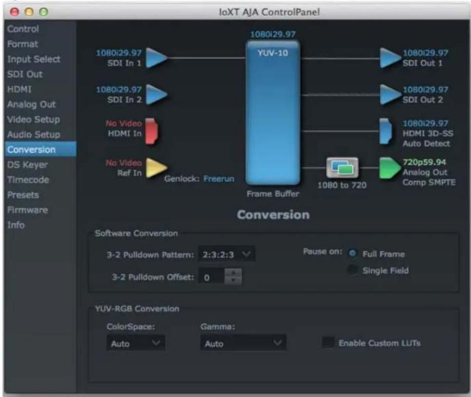 IoXT AJA ControlPanel Control Format Input Select SDI Out HDMI Analog Out Video Setup Audio Setup Conversion DS Keyer Timecode Presets Firmware Info 1080i29.97 SDI In 1 1080i29.97 YUV-10 1080i29.97 SDI Out 1 1080i29.97 SDI Out 2 1080i29.97 HDMI 3D-SS Auto Detect No Video HDMI In No Video Ref In Genlock: Freerun Frame Buffer 1080 to 720 720p59.94 Analog Out Comp SMPTE Conversion Software Conversion 3-2 Pulldown Pattern: 2:3:2:3 Pause on: Full Frame 3-2 Pulldown Offset: 0 Single Field YUV-RGB Conversion ColorSpace: Gamma: Auto Auto Enable Custom LUTs