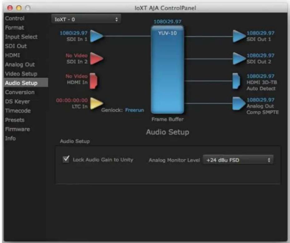 IoXT AJA ControlPanel Control Format Input Select SDI Out HDMI Analog Out Video Setup Audio Setup Conversion DS Keyer Timecode Presets Firmware Info IoXT - 0 1080i29.97 SDI In 1 1080i29.97 YUV-10 1080i29.97 SDI Out 1 No Video SDI In 2 1080i29.97 SDI Out 2 No Video HDMI In 1080i29.97 HDMI 3D-TB Auto Detect 00:00:00:00 LTC In 1080i29.97 Analog Out Comp SMPTE Genlock: Freerun Frame Buffer Audio Setup Audio Setup Lock Audio Gain to Unity Analog Monitor Level +24 dBu FSD