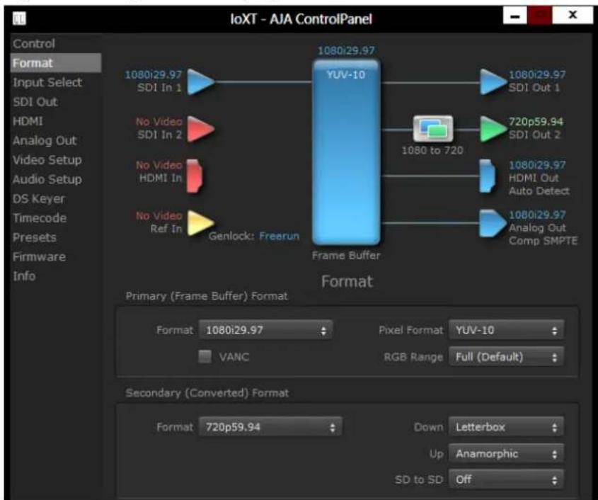 IoXT - AJA ControlPanel Control Format Input Select SDI Out HDMI Analog Out Video Setup Audio Setup DS Keyer Timecode Presets Firmware Info 1080i29.97 SDI In 1 YUV-10 1080i29.97 SDI Out 1 No Video SDI In 2 720p59.94 SDI Out 2 1080 to 720 No Video HDMI In 1080i29.97 HDMI Out Auto Detect No Video Ref In 1080i29.97 Analog Out Comp SMPTE Genlock: Freerun Frame Buffer Format Primary (Frame Buffer) Format Format 1080i29.97 Pixel Format YUV-10 VANC RGB Range Full (Default) Secondary (Converted) Format Format 720p59.94 Down Letterbox Up Anamorphic SD to SD Off