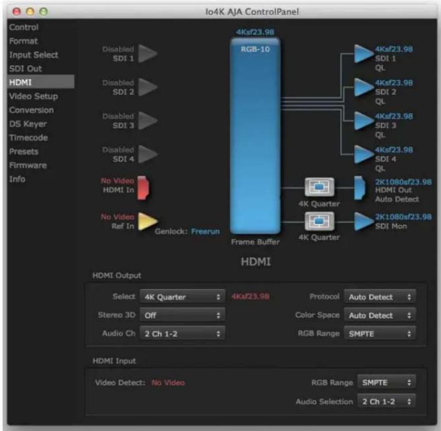 Io4K AJA ControlPanel Control Format Input Select SDI Out HDMI Video Setup Conversion DS Keyer Timecode Presets Firmware Info Disabled SDI 1 Disabled SDI 2 Disabled SDI 3 Disabled SDI 4 No Video HDMI In No Video Ref In Genlock: Freerun Frame Buffer RGB-10 4Ksf23.98 4Ksf23.98 SDI 1 QL 4Ksf23.98 SDI 2 QL 4Ksf23.98 SDI 3 QL 4Ksf23.98 SDI 4 QL 2K1080sf23.98 HDMI Out Auto Detect 4K Quarter 4K Quarter 2K1080sf23.98 SDI Mon HDMI HDMI Output Select 4K Quarter 4Ksf23.98 Protocol Auto Detect Stereo 3D Off Color Space Auto Detect Audio Ch 2 Ch 1-2 RGB Range SMPTE HDMI Input Video Detect: No Video RGB Range SMPTE Audio Selection 2 Ch 1-2