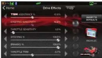 Home Drive Effects Help TSM ASSISTANCE N 42.9% STEERING SENSITIVITY 42.8% THIRTLLE SENSITIVITY 3.0% STEERING N 100.0% BRAKING N 100.0% THIRTLLE THM -4.7% INSERT TO DETAILS HICRARE