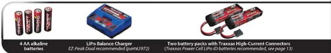 4 AA alkaline batteries LiPo Balance Charger EZ-Peak Dual recommended (part#2972) Two battery packs with Traxxas High-Current Connectors (Traxxas Power Cell LiPo ID batteries recommended, see page 13)