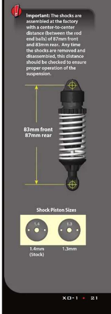 Important: The shocks are assembled at the factory with a center-to-center distance (between the rod end balls) of 87mm front and 83mm rear. Any time the shocks are removed and disassembled, this distance should be checked to ensure proper operation of the suspension. 83mm front 87mm rear Shock Piston Sizes 1.4 (Stock) 1.3 1.4mm 1.3mm X0-1 21