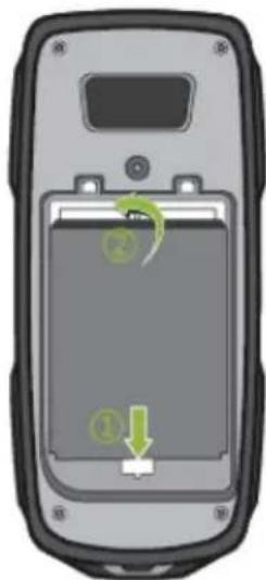 Diagram of a mobile phone showing battery compartment with labeled ports and directional arrows (no text or symbols beyond labels)