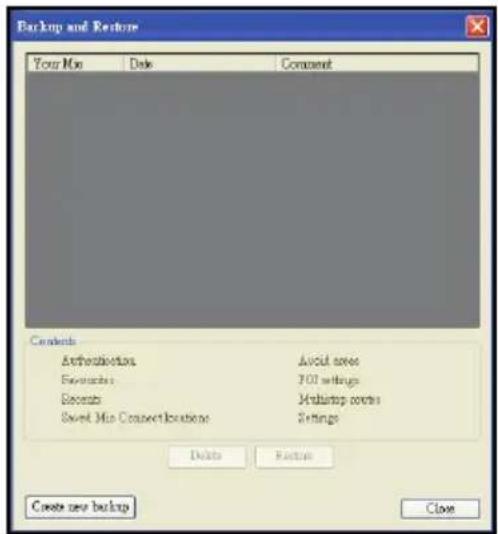 Backup and Restore Your Mix Date Comment Contents Authoritarian Avoid spaces Favorites 701 settings Records Multimap spaces Smart Mix Connections Settings Delete Remove Create new backup Close