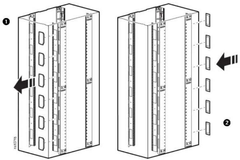 Technical diagram showing two views of a rectangular enclosure with internal partitions and labeled components, including directional arrows and dimension annotations.