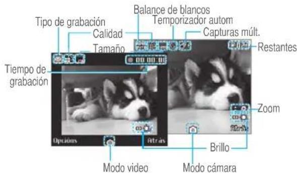 Tipo de grabación Calidad Tamaño Balance de blancos Temporizador autom Capturas múlt. Restantes Tiempo de grabación Opciones Rtras Zoom Brillo Modo video Modo cámara
