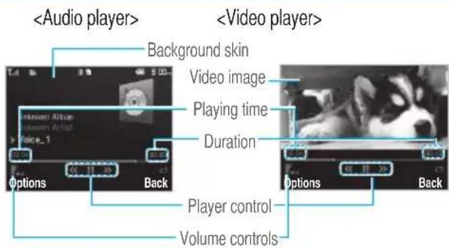 Background skin Video image Playing time Duration Options Back Player control Volume controls