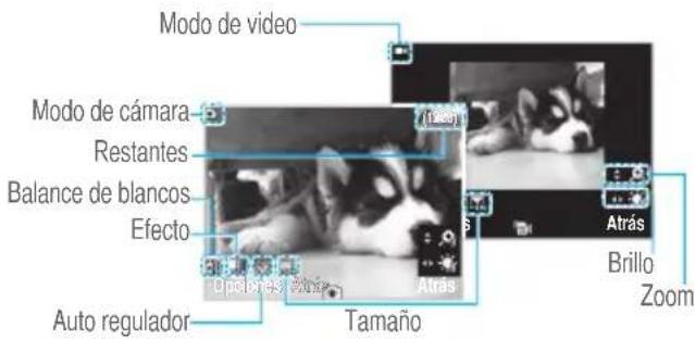 Modo de video Modo de cámara Restantes Balance de blancos Efecto Auto regulador Tamaño Atrás Abrás Brillo Zoom