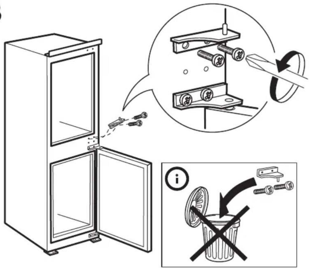 Diagram illustrating the installation of a refrigerator with screw fasteners and a waste bin, accompanied by explanatory text.