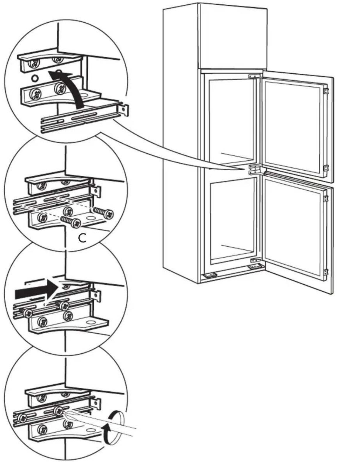 Diagram illustrating the assembly of a refrigerator with labeled parts and directional arrows indicating assembly steps.
