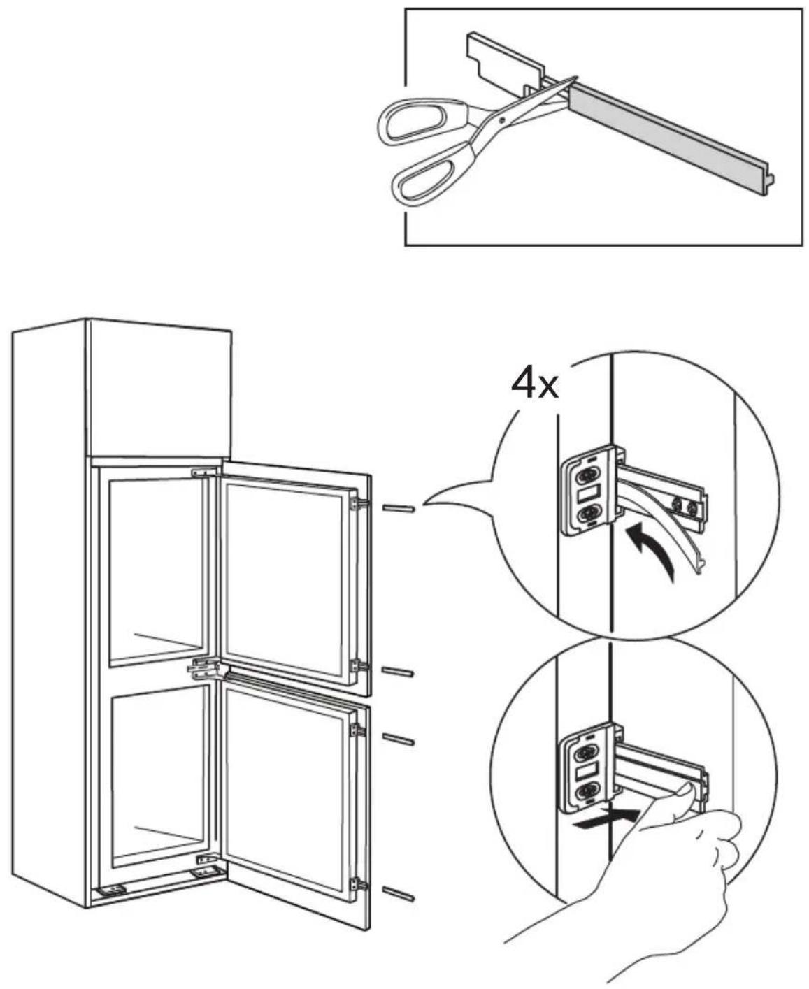 Technical diagram illustrating door panel installation with scissors, 4x speed limit, and 4x magnification steps