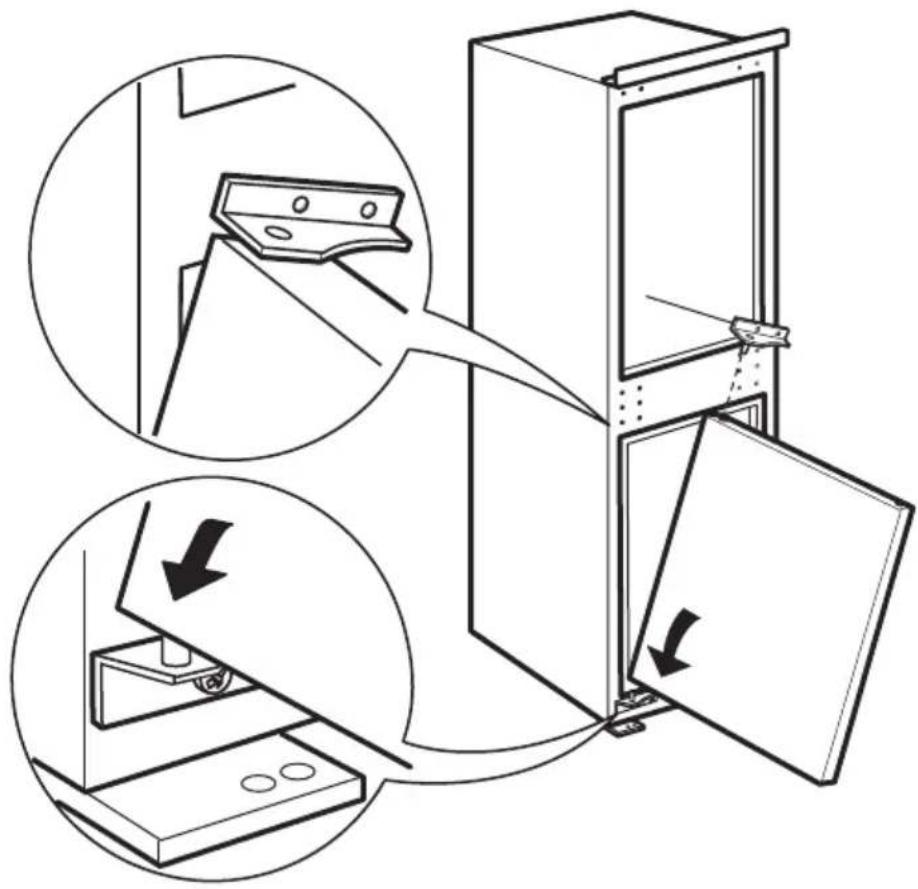Diagram illustrating door opening and mounting process with labeled arrows indicating movement steps