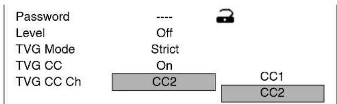 Password Level TVG Mode TVG CC TVG CC Ch ---- Off Strict On CC2 CC1 CC2