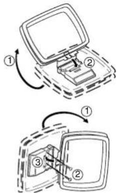 Diagram showing two steps of a computer monitor setup with labeled components and directional arrows indicating rotation or movement.