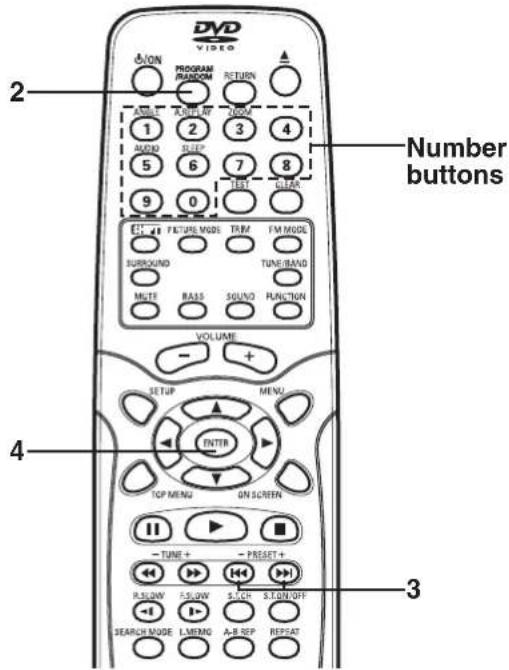 DVD VIDEO ON PROGRAM RANDOM RETURN AUDIO K線路 1 2 3 4 AUDIO SLEEP 5 6 7 8 TEST CLEAR 9 0 Number buttons EXTR FIXTURE MODE TRIM FM MODE SURROUND TUNE/BAND MUTE BASS SOUND FUNCTION VOLUME - + SETUP MENU ENTER TOP MENU ON SCREEN - TUNE + - PRESET + R.SLOW F.SLOW S.LCH S.T.ON/OFF SEARLIC MODE L.MEMG A.B. RPP REPAT 3