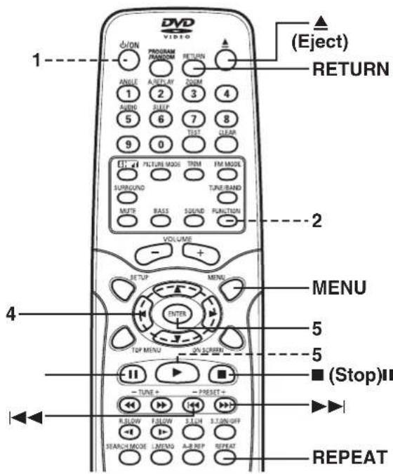 DVD VIDEO 1 (Anode) PROGRAM RANDOM RETURN - ANUE A/PLAY 200M 1 2 3 4 AUDIO RUST 5 6 7 8 TEST CLEAR 9 0 1 2 3 4 FUTURE MODE TREM IFM MODE SURROUND TARE BAND MUTF BASS 100N/D FUNCTION VOLUME - + SETUP MENU MENU ENTER TOP MENU ON SCREEN II -TUNE + -PRESET + RELOW FLOW 1.1CH 1.1ON/OFF SEARCH MODE LEMOG A/B REP REPEAT (Eject) (RETURN) (Stop)II