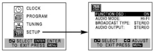 CLOCK PROGRAM TUNING SETUP SELECT ENTER ENTER TO EXIT PRESS MENU FUNCTION OSD ON AUDIO MODE: HI-FI BROADCAST TYPE: STEREO AUDIO OUTPUT: STEREO SELECT ADJUST TO EXIT PRESS MENU