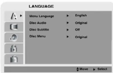LANGUAGE Menu Language ▶ English Disc Audio ▶ Original Disc Subtitle ▶ Off Disc Menu ▶ Original Move ▶ Select