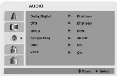 AUDIO Dolby Digital DTS MPEG Sample Freq. DRC Vocal Blistream Bittstream PCM 48 kHz On On Move Select