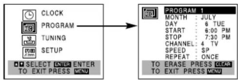 CLOCK PROGRAM TUNING SETUP SELECT ENTER ENTER TO EXIT PRESS MENU PROGRAM 1 MONTH : JULY DAY : 6 TUE START : 6:00 PM STOP : 7:30 PM CHANNEL: 4 TV SPEED : SP REPEAT : ONCE TO ERASE PRESS CLEAR TO EXIT PRESS MENU